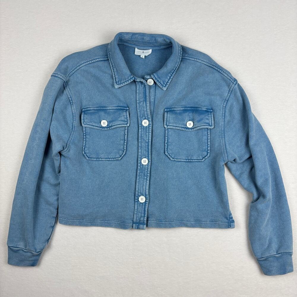 Lou & Grey Loft Size Small Button Pocket Top, Blue Denim-Inspired Cotton Knit